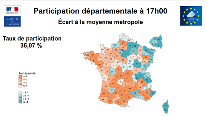 Cartographie des taux de participation à 17H avec écart à la moyenne métropole