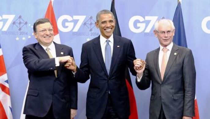De gauche à droite : José Manuel Barroso, président de la Commission européenne; Barack Obama, président des Etats-Unis d'Amérique; Herman Van Rompuy, président du Conseil européen.