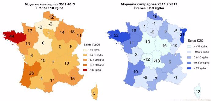 Bilans régionaux de fertilisation en phosphore et potassium en kg d’élément/ha de surface fertilisable