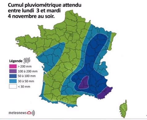 Cumul pluviométrique attendu entre lundi 3 et mardi 4 novembre au soir. 