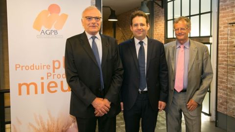 Philippe Pinta, président de l'Agpb, Matthias Fekl, secrétaire d'Etat au commerce extérieur, et Pascal Boniface, directeur de l'Iris (©Agpb)