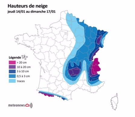Hauteur de neige prévue selon les régions