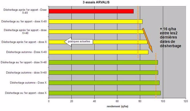 Figure 2 : Rendement en fonction de l'époque de désherbage et du niveau de fertilisation au premier apport 