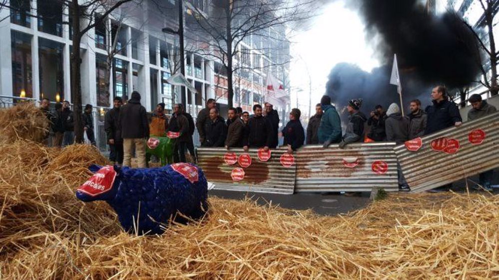 Action des agriculteurs d'Ile-de-France devant le siège de FranceAgriMer et l'Agence de services et de paiement, à Montreuil en banlieue parisienne. (©Terre-net Média) 