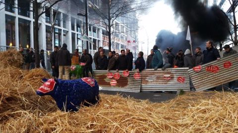 Action des agriculteurs d'Ile-de-France devant le siège de FranceAgriMer et l'Agence de services et de paiement, à Montreuil en banlieue parisienne. (©Terre-net Média) 