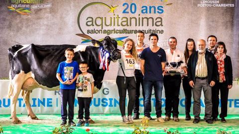  En race prim'holstein, Fergie (Champion) au Gaec les Écureuils (Landes) remporte le titre de grande championne d'Aquitanima 2016, suivie de sa réserve, la championne espoir Iway (Meridian) au Gaec Les vignes rousses (Pyrénées-Atlantiques). (©<a target="_blank" href="http://www.aquitanima.fr/">Aquitanima</a>)