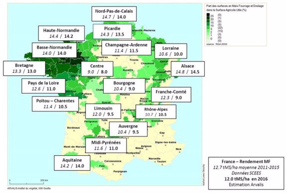 Estimation des rendements moyens régionaux de maïs fourrage produits en 2016, comparés à la moyenne régionale quinquennale