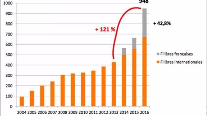 Evolution des ventes issues du commerce équitable entre 2004 et 2016.