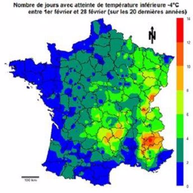 Carte montrant le nombre de jours avec atteinte de température inférieure à -4 degrés au mois de février sur les 20 dernières années