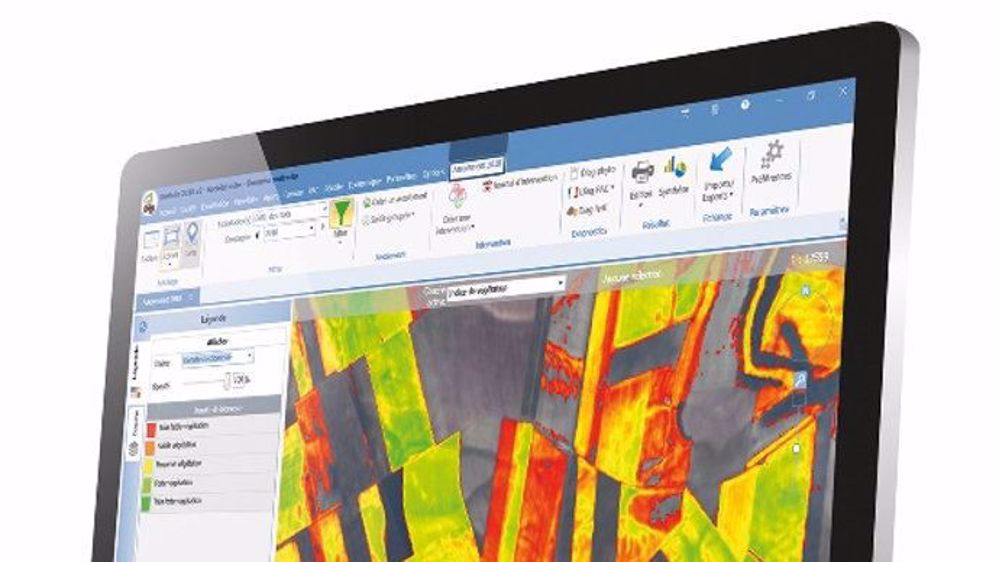 Tour de plaine virtuel du logiciel parcellaire Geofolia avec visualisation des cartes de végétation de l’exploitation (zone en vert = indice de végétation fort et biomasse élevée) (©Isagri)