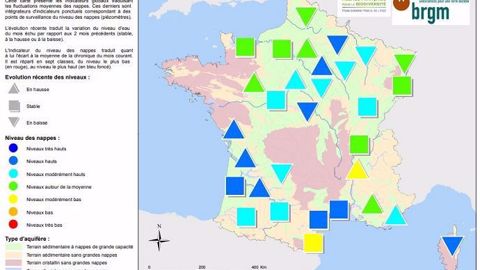 État des nappes phréatiques au 1er mai 2018 en France. <a href="http://www.brgm.fr/sites/default/files/brgm_nappes_eau_2018-05_carte.pdf" target="_blank">Cliquez pour agrandir</a>. (©BRGM)