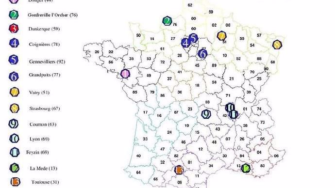 Carte des 13 sites que comptent bloquer la FNSEA et JA, auquel il faut ajouter le site de Grigny (91).