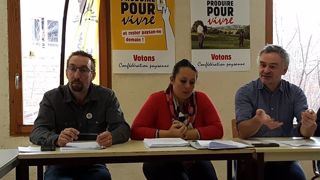 Lors de la présentation des vœux du syndicat mercredi 9 janvier 2019, Nicolas Girod, Temanuata Girard et Laurent Pinatel ont indiqué vouloir transmettre au Parquet national financier des éléments concernant Lactalis et ses différentes filiales et holdings. (©Terre-net Média) Lors de la présentation des vœux du syndicat mercredi 9 janvier 2019, Nicolas Girod, Temanuata Girard et Laurent Pinatel ont indiqué vouloir transmettre au Parquet national financier des éléments concernant Lactalis et ses différentes filiales et holdings. (©Terre-net Média)