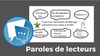 Les lecteurs de Web-agri souhaitent une bonne année à leur manière à la FNPL. Ils critiquent notamment son action insuffisante au niveau du prix du lait et de la régulation de la production. (©Création Terre-net Média) Les lecteurs de Web-agri souhaitent une bonne année à leur manière à la FNPL. Ils critiquent notamment son action insuffisante au niveau du prix du lait et de la régulation de la production. (©Création Terre-net Média)