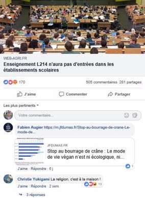 post facebook non a L214 dans les ecoles