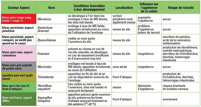 Aspect, localisation et conditions favorables au développement des principales moisissures présentes sur le maïs fourrage ensilé.