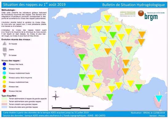 L'état des nappes phréatiques au 1er août 2019.