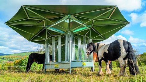 Ombre, ventilation mais aussi abris en cas de pluie, le râtelier bioclimatique de Patura présente de nombreux avantages. (©Patura) Ombre, ventilation mais aussi abris en cas de pluie, le râtelier bioclimatique de Patura présente de nombreux avantages. (©Patura)