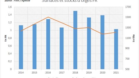 Surfaces et stocks d'orges en France.