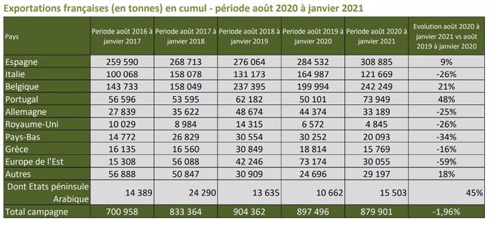 Exportations françaises (en tonnes) en cumul - période août 2020 à janvier 2021