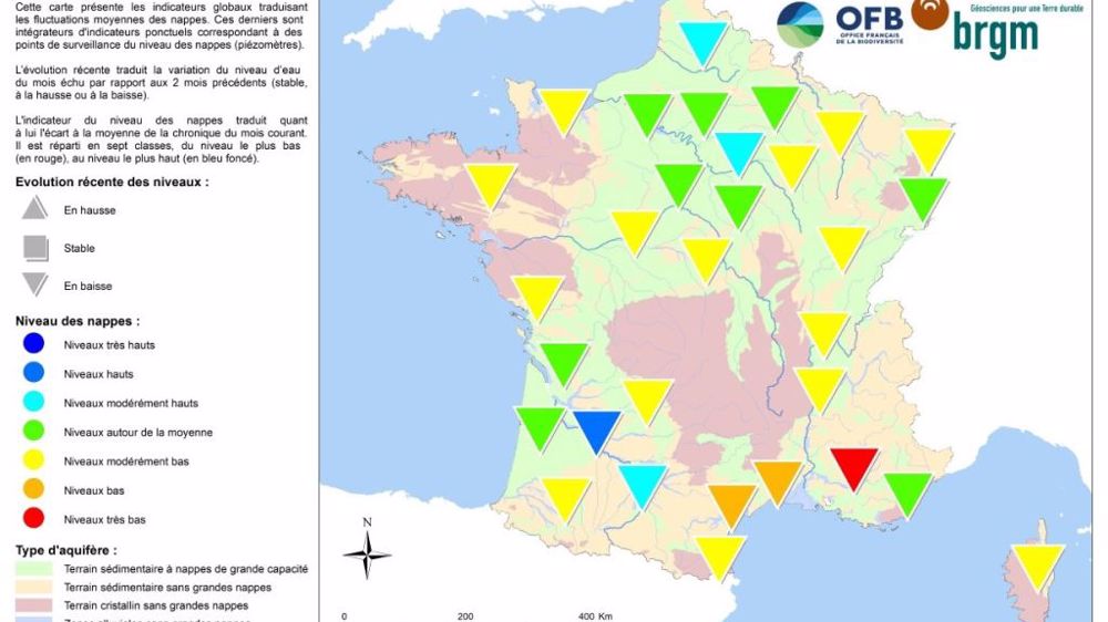 <strong>État des nappes phréatiques au 1<sup>er</sup> mai 2021</strong>. <a href="https://www.terre-net.fr/ulf/data/Pauline/communique-nappes-eau-souterraine-2021-05-carte.PDF">Cliquez sur la carte pour l'agrandir</a>. (©BRGM)