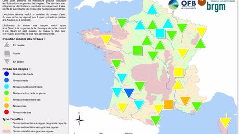 État des nappes phréatiques au 1<sup>er</sup> avril 2021. <a href="https://www.terre-net.fr/ulf/data/Pauline/nappes1eravril.PDF">Cliquez sur la carte pour l'agrandir</a>. (©BRGM)