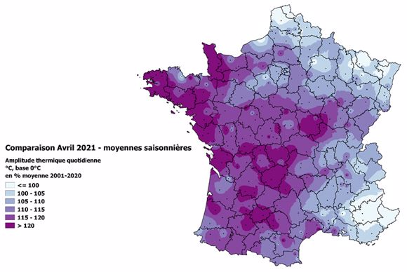 Amplitude thermique quotidienne (en °C) en avril 2021 par rapport à la moyenne saisonnière 2001/2020