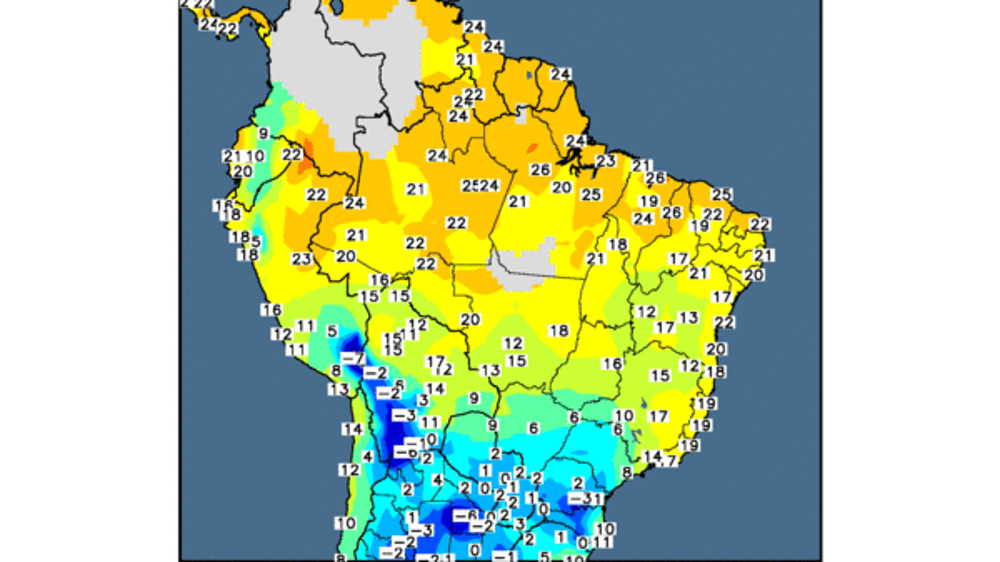 Températures minimales au 19 juillet dernier. (©WorldAgWeather)