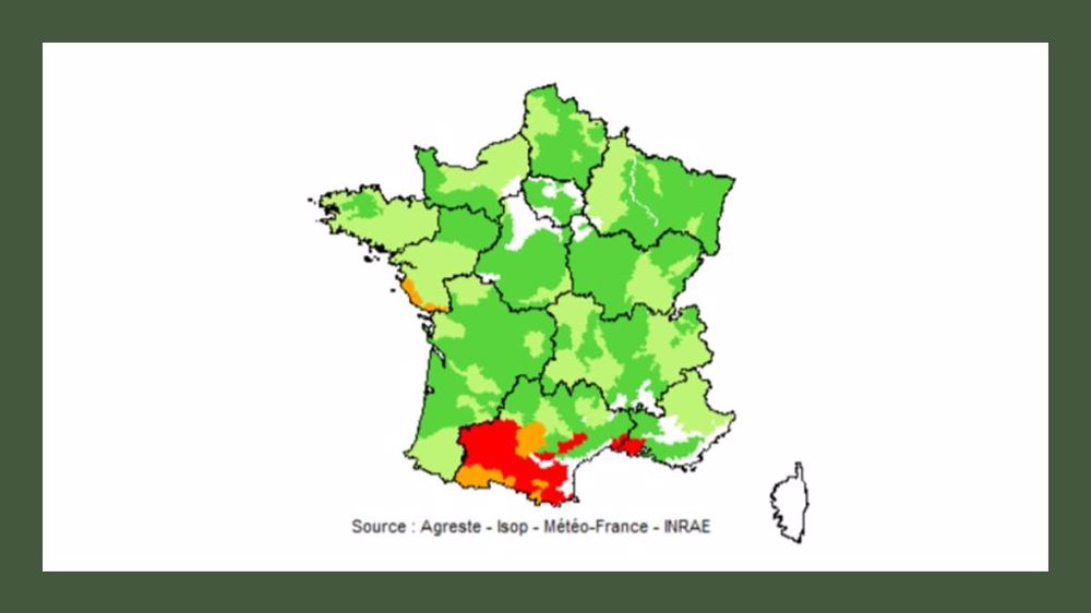 Pousse de l’herbe au 20 juillet 2021 : En rouge : déficit important (75 % et moins) ; En orange : déficit faible (de plus de 75 % à 90 %) ; En vert clair : normale (de plus de 90 % à 110 %) ; En vert foncé : excédent (plus de 110 %). (©Agreste)