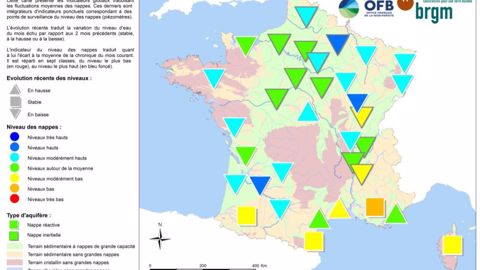 Etat des nappes phréatiques au 1er octobre 2021. <a href="https://www.brgm.fr/sites/default/files/documents/2021-10/communique-nappes-eau-souterraine-2021-10-carte.pdf" target="_blank">Cliquez sur la carte pour l'agrandir</a>. (©BRGM)