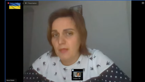 Mariia Dudikh, directrice du forum national agraire ukrainien, lors de son intervention en visioconférence au Congrès de la FNSEA à Besançon, le 29 mars. (©FNSEA) Mariia Dudikh, directrice du forum national agraire ukrainien, lors de son intervention en visioconférence au Congrès de la FNSEA à Besançon, le 29 mars. (©FNSEA)