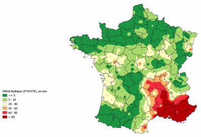 Déficit hydrique estimé pour un blé tendre (sols et variétés adaptés localement) – Simulation au 3 mai 2022