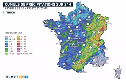 Cumul de pluie pour la journée du lundi 13 mars 2023.