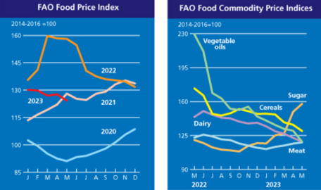 Indices des prix mondiaux des denrées alimentaires depuis 2020, et prix de plusieurs produits agricoles depuis début 2022 (©FAO)
