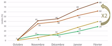 Levées de folle-avoine semée à 3 cm de profondeur en fonction de la couleur de la graine – Conditions semi-contrôlées en pots - Échantillons 2020-2021 Levées de folle-avoine semée à 3 cm de profondeur en fonction de la couleur de la graine – Conditions semi-contrôlées en pots - Échantillons 2020-2021