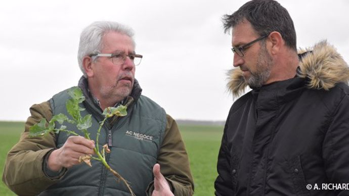 Sébastien Robinet, agriculteur (à dr.), est accompagné par Bertrand Chereau, conseiller agronomique d’AC Négoce.