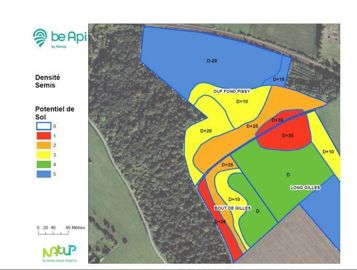 Carte de modulation intra-parcellaire de densité de semis de grains de blé au m en fonction du potentiel.