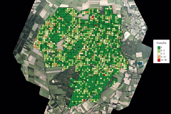 Différents carrés de couleurs indiquent le nombre d'arbres moyen pour chaque hectare