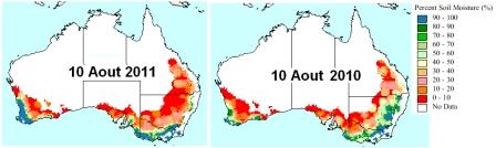 Réserves hydriques au 10 août 2010 et 2011. Cliquer pour agrandir.