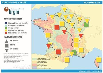 Carte de la situation des nappes au 1er novembre 2011