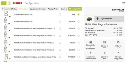 Sur le configurateur Claas, l’agriculteur a accès au tarif Culture du tracteur ainsi qu’au prix de toutes les options, y compris les contrats de maintenance. © Claas