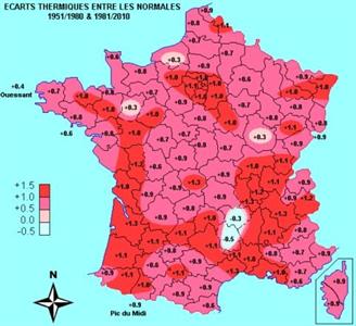 Carte des écarts thermiques entre les normales 1951/1980 & 1981/2010