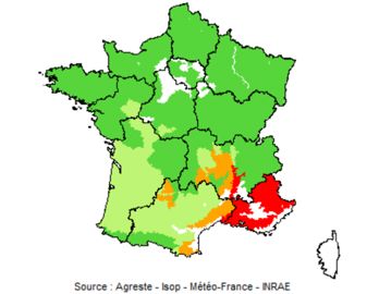 Indicateur Isop de rendement des prairies permanentes au 20 juin 2021. En rouge : déficit important (75 % et moins), en orange : déficit faible (plus de 75 % à 90 %), en vert clair : normale (plus de 90 % à 110 %), en vert foncé : excédent (plus de 110 %).