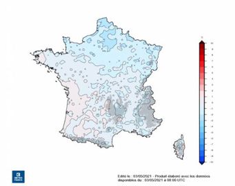 Écart à la moyenne mensuelle de référence qui court de 1981 à 2010 de la température moyenne en France, en avril 2021.