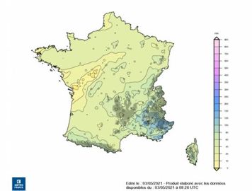 Cumul mensuel de précipitations en France en avril 2021.