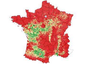 Répartition de la culture de tournesol selon les données du registre parcellaire graphique (RPG) de l’année 2019. © Xavier Bailleau