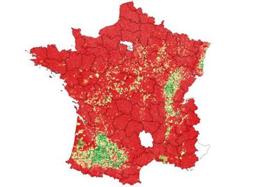 Répartition de la culture de soja selon les données du registre parcellaire graphique (RPG) de l’année 2019. © Xavier Bailleau