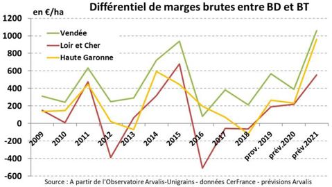 Différentiel de marges brutes entre blé dur et blé tendre en euro par hectare. Source : à partir de l’observatoire Arvalis-Unigrains — Données CerFrance — prévisions Arvalis