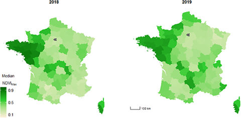 Carte de la couverture des sols l’hiver précédant le semis d’une culture de printemps par département français (toutes cultures de printemps confondues). Plus le département est coloré en vert, plus la couverture du sol est importante. Le département en gris correspond à la Région parisienne, où aucune culture n’est pratiquée. © Environmental Reseach Letters