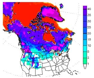 Épaisseur de neige au 5 mars sur le Nord des États-Unis.